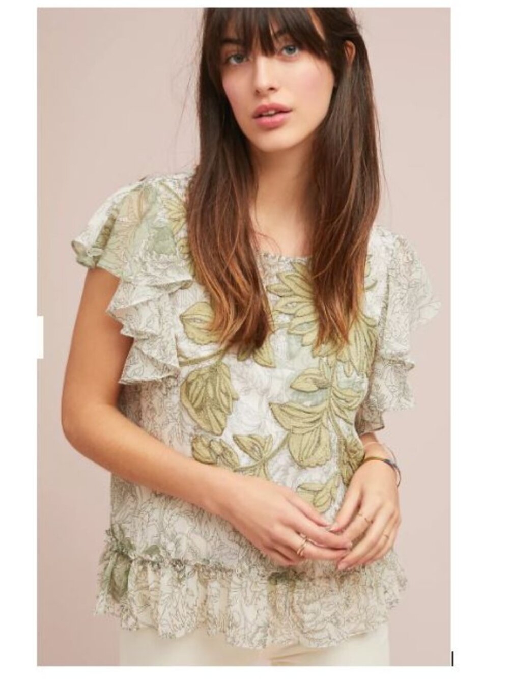 Ranna Gill Anthropologie Sherwood Embroidered Blouse in Green Motif – Size Small